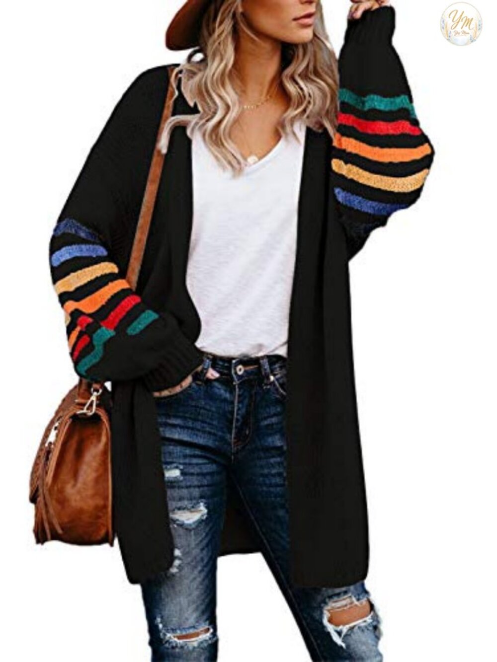 Womens Striped Knit Cardigan Balloon Long Sleeve Open Front Loose Sweater